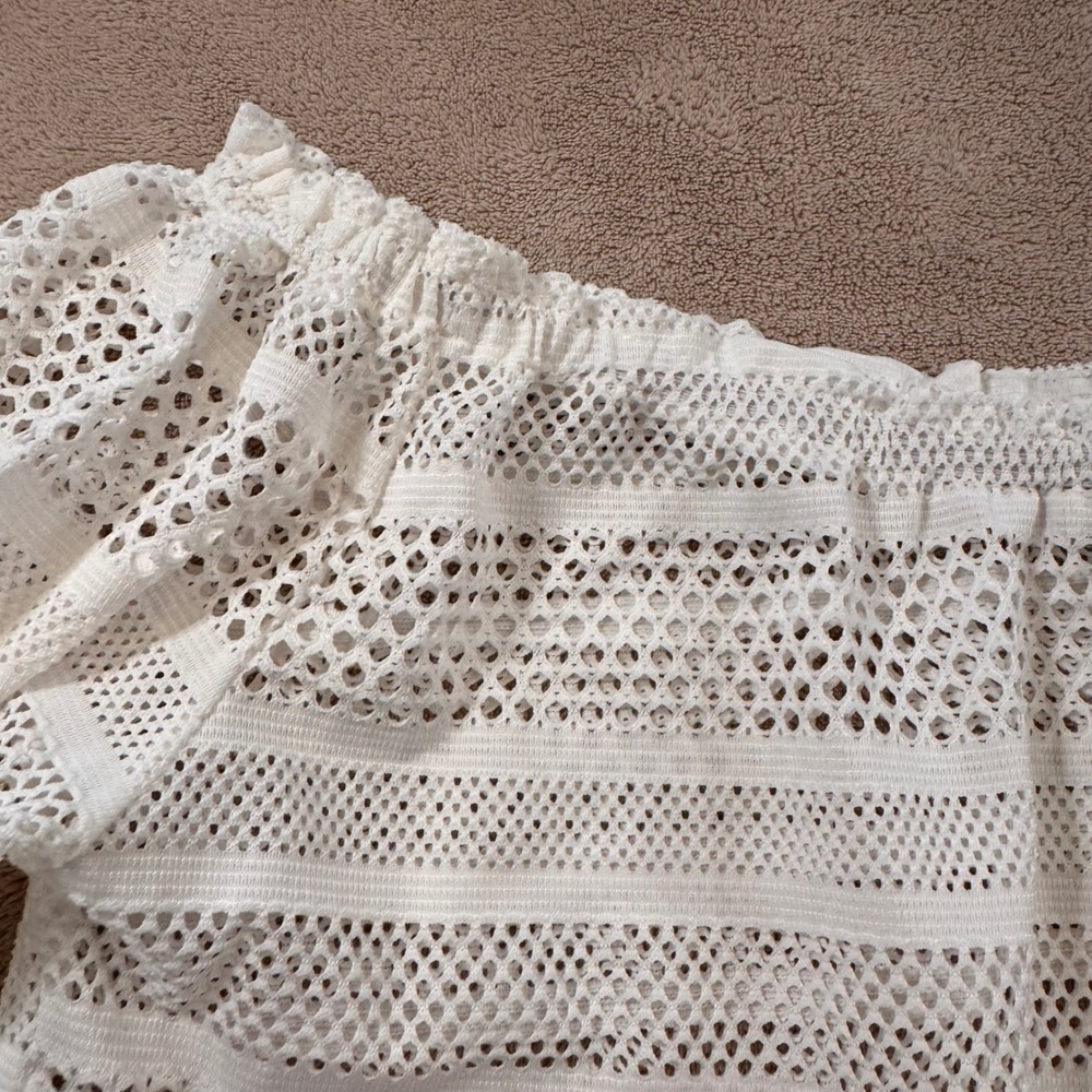White Crochet Lace Off Shoulder Swim Cover Up Boho Beach Summer Vacation SZ M - Picture 4 of 9